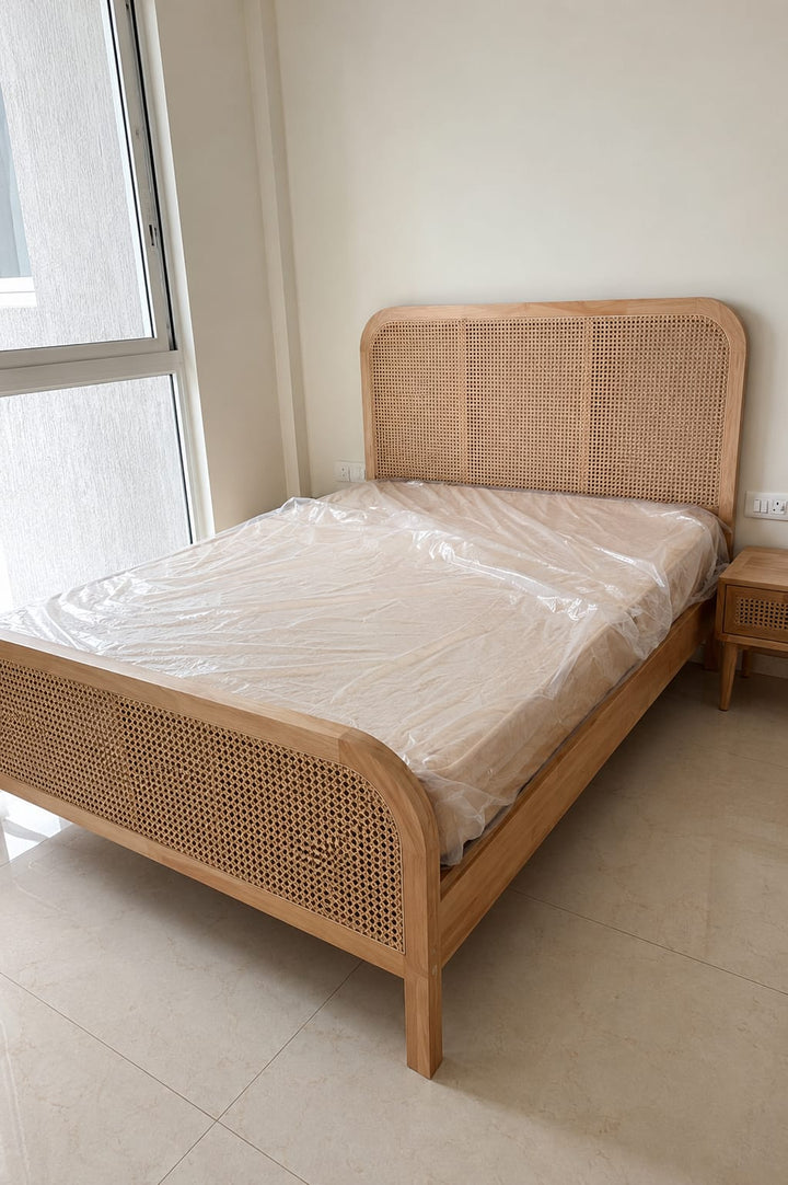 Scandinavian Cane Wood Bed