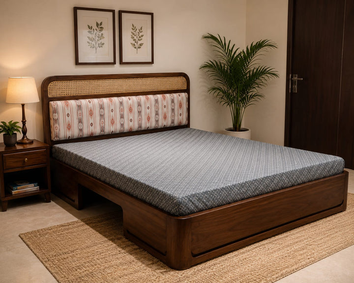Modern Cane Upholstered Platform Bed