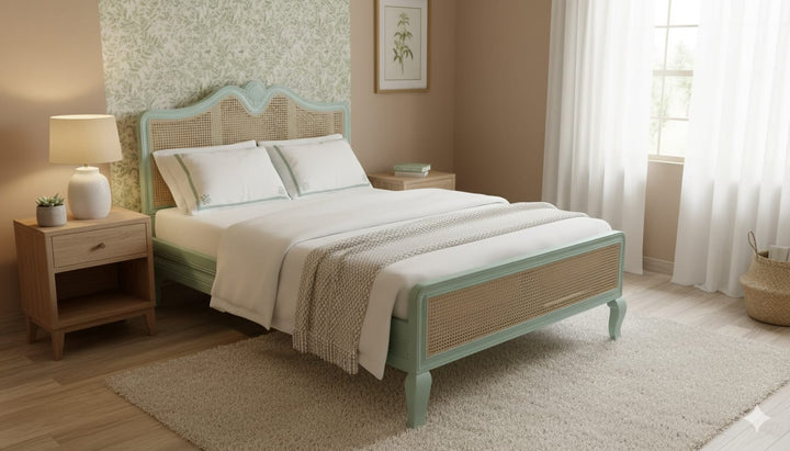 Vintage Cane Panel Wooden Bed