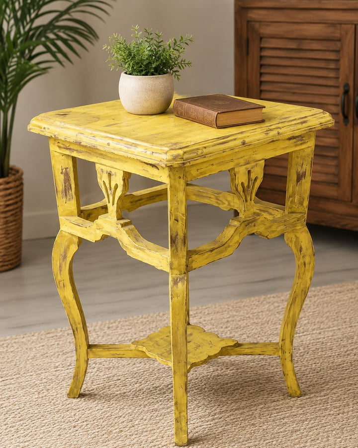 Rustic Yellow Distressed Wooden Side Table